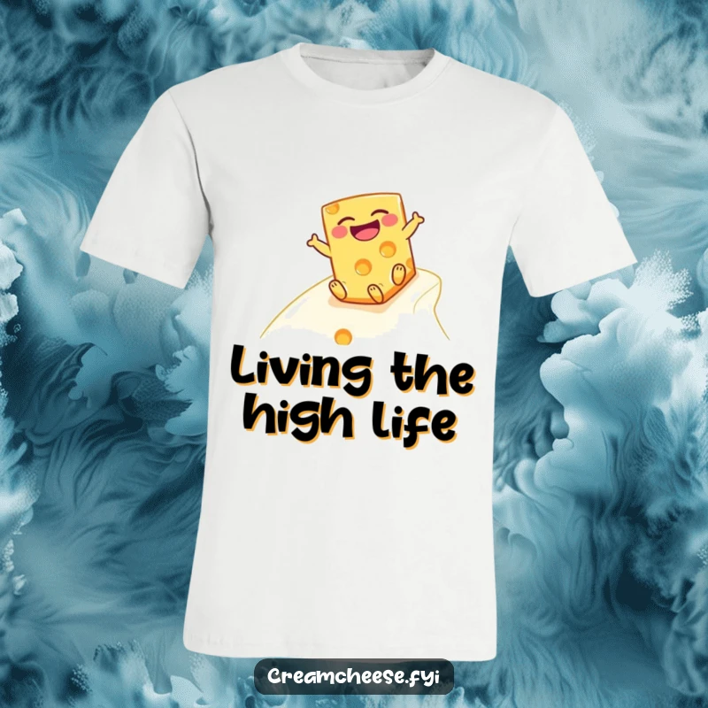 Funny cheese block t-shirt, depicting a laughing character joyfully sliding down a creamy slope, a hilarious sight.
