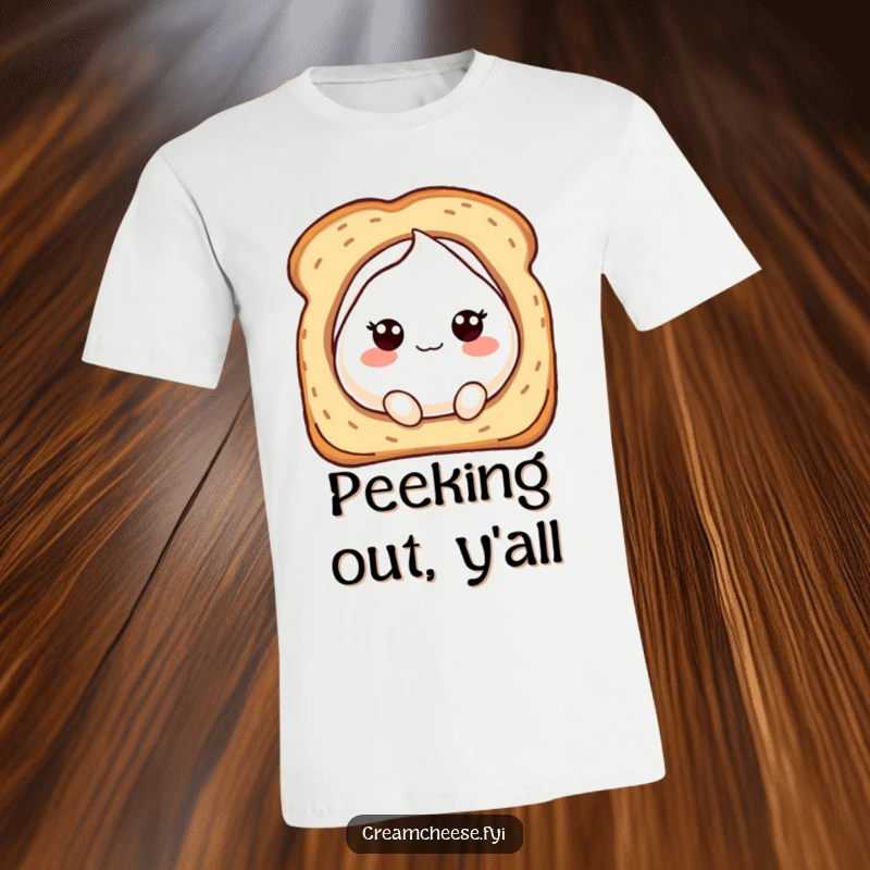 Funny t-shirt depicting a bubbly cream cheese character curiously peeking out from a hole in toasted bread, full of mischief.