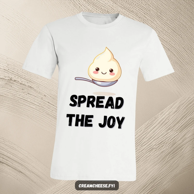 Funny t-shirt showcasing a happy cream cheese dollop performing a delicate balancing act on a small spoon, looking absolutely delighted.