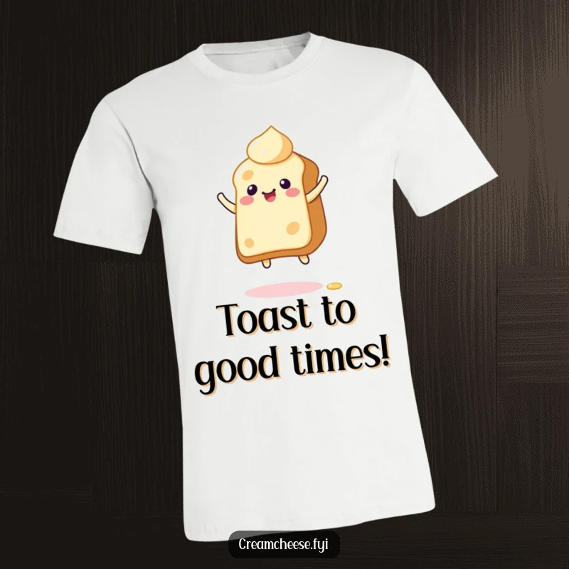 Funny T-Shirt featuring a giddy cream cheese character mid-bounce on toast, embodying playful energy and spreadable excitement for the wearer.