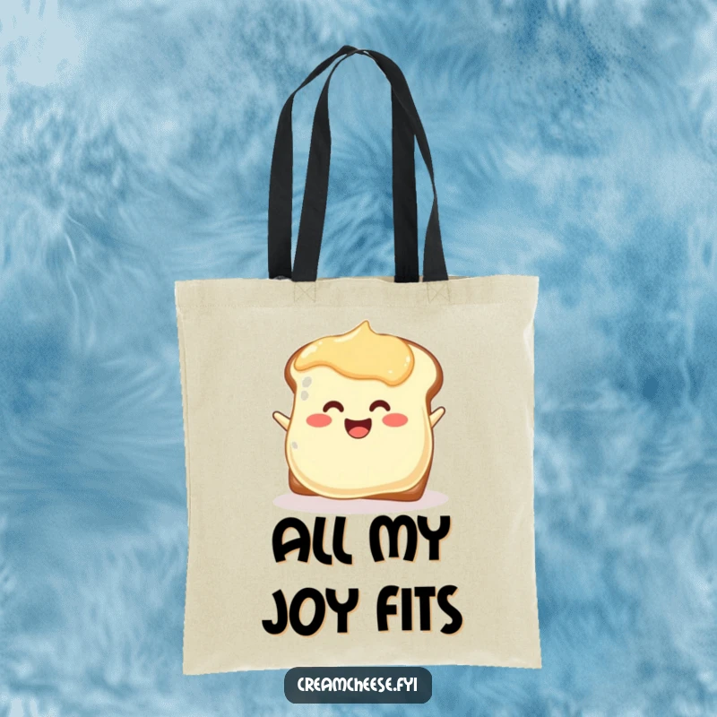 Funny joyful cream cheese blob tote bag enthusiastically spreading onto toast, a cheerful and practical accessory.
