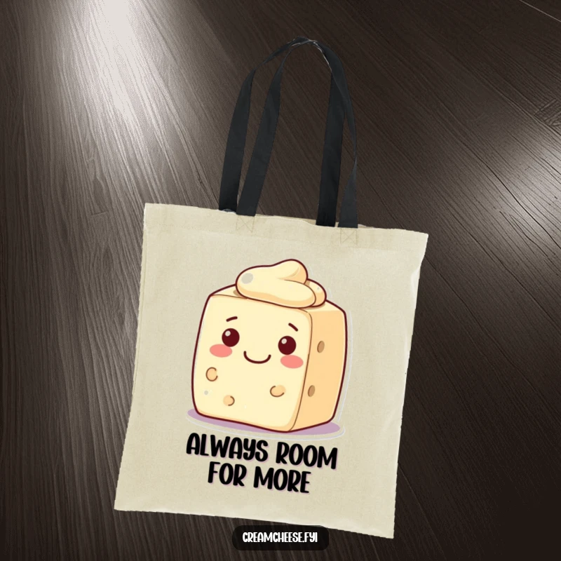 Funny cream cheese block tote bag, a character with a wide, welcoming smile, perfect for friendly errands.
