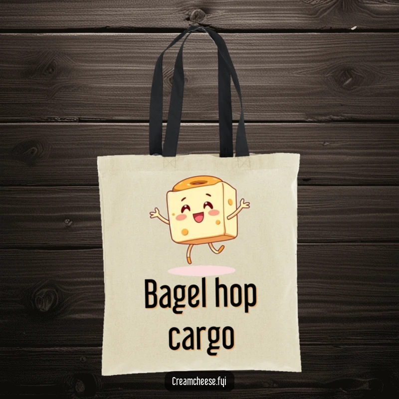Funny tote bag featuring an energetic cream cheese cube mid-hop with a happy bagel, celebrating the joy of breakfast.