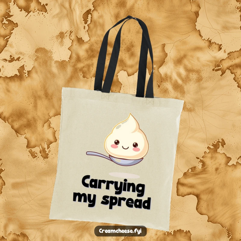 Funny tote bag featuring a smiling cream cheese dollop balancing expertly on a tiny spoon, radiating pure, delightful happiness.