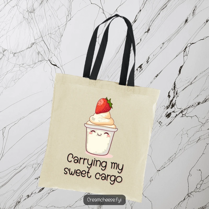 Funny Tote Bag: Giggling cream cheese tub with a strawberry on its lid, humorous accessory.