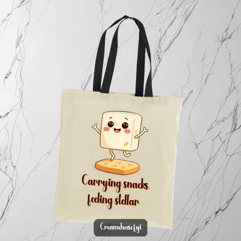 Funny tote bag with a smiling block of cream cheese with tiny legs joyfully bouncing on a cracker, ideal for carrying food items.