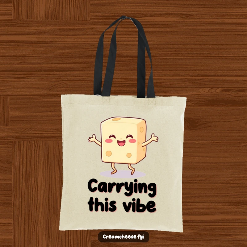 Funny happy cream cheese block with legs doing a joyful dance on a durable tote bag, a fun food accessory.