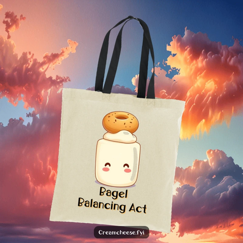 Funny tote bag depicting a cream cheese tub character balancing a small bagel on its head, perfect for stylish, humorous carrying.