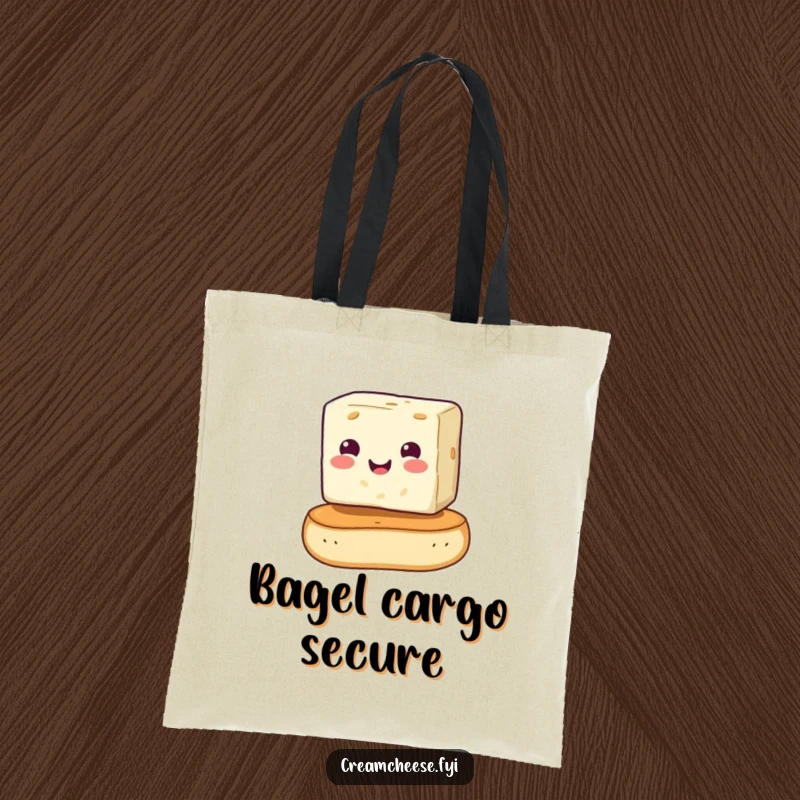 Funny cream cheese cube teetering on a bagel, presented on a tote bag. A humorous and relatable food-themed design, excellent as a funny gift.