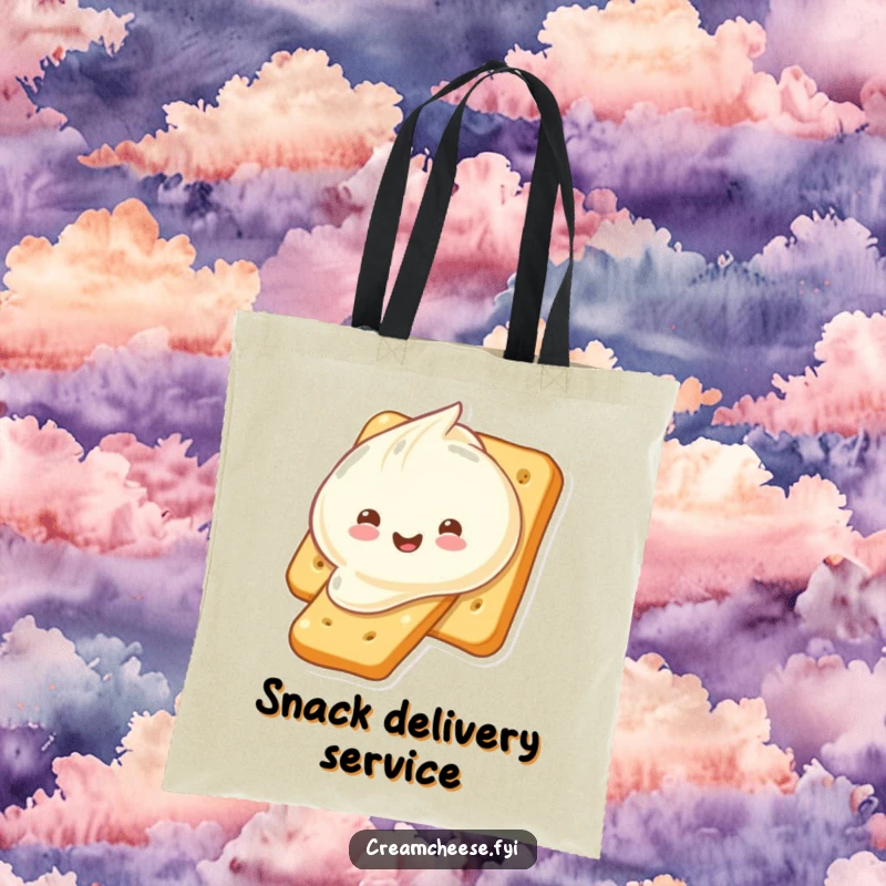 Funny cream cheese dollop sliding down a cracker, presented on a tote bag. A humorous and delightful food-themed design, excellent as a funny gift.
