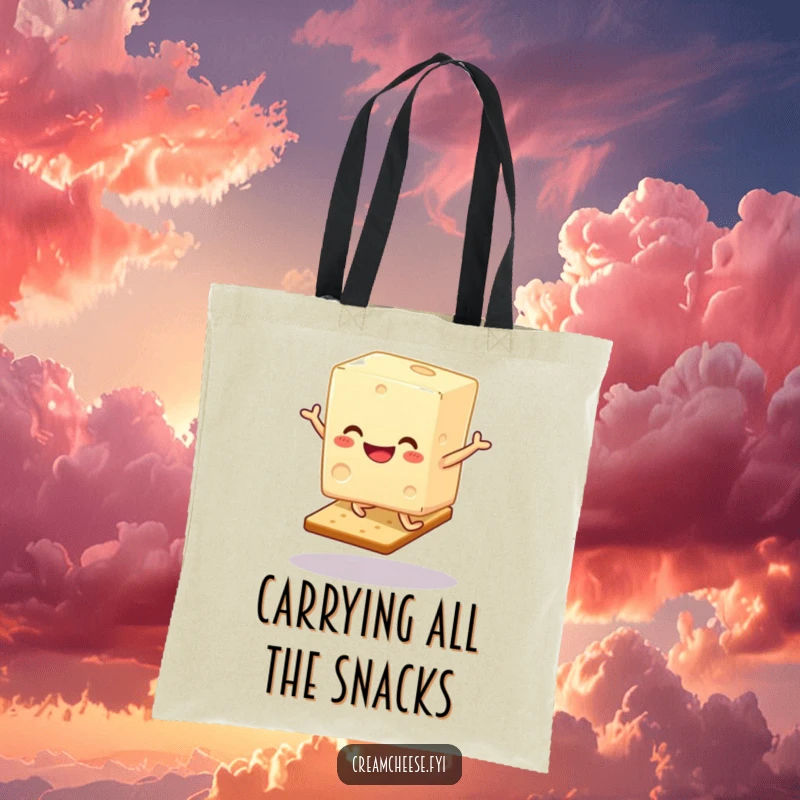 Funny Cream Cheese Hop Tote Bag: A smiling cream cheese block performs an energetic hop on a cracker, spreading joy.
