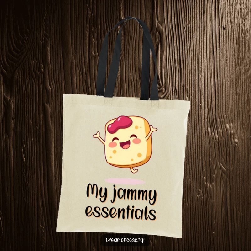 Funny cream cheese slice tote bag doing a joyful cartwheel with a dollop of jam, spacious and cheerfully designed.