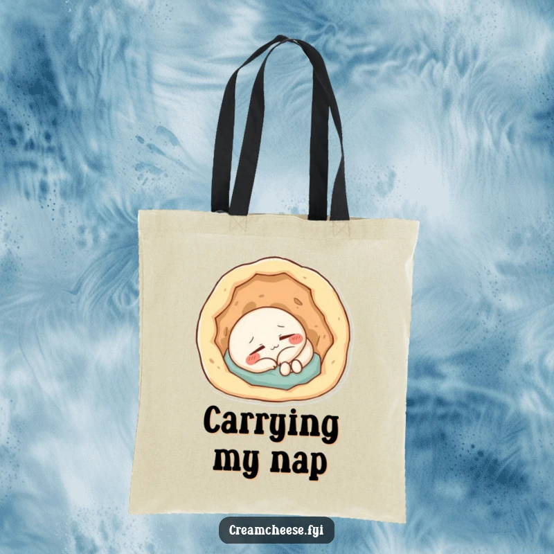 Funny Tote Bag: Content cream cheese character sleeping peacefully in a small, doughy hole, perfect for errands.