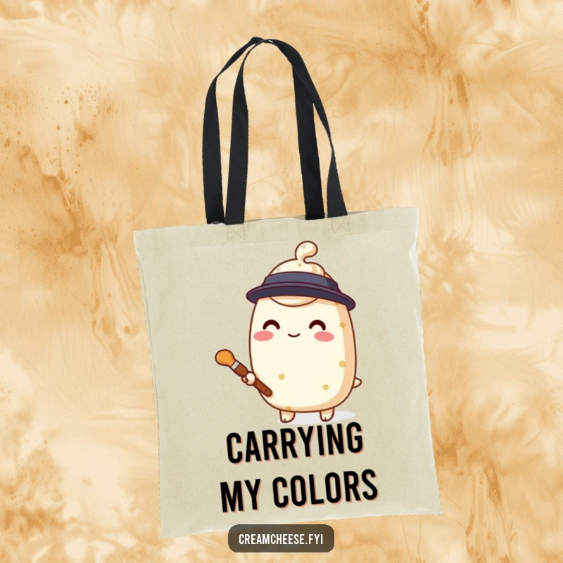 Funny cream cheese painter tote bag, a stylized character holding a small paintbrush, ready for creative endeavors.
