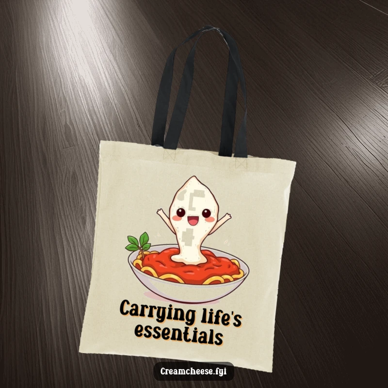 Funny tote bag illustrated with a happy cream cheese dollop hilariously leaping into a bowl of pasta sauce, great for shoppers.