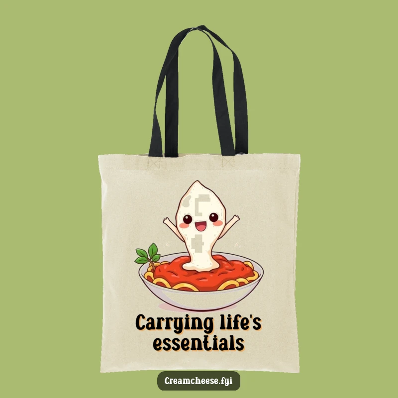 Funny Cream Cheese Pasta Leap Tote Bag: Quirky Cartoon Carryall