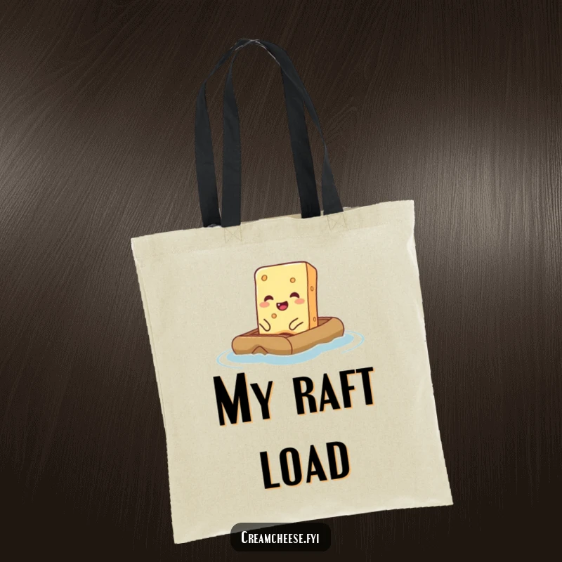 Funny Cream Cheese Tote Bag with a giggling cream cheese bar on a tiny raft, perfect for carrying snacks humorously.