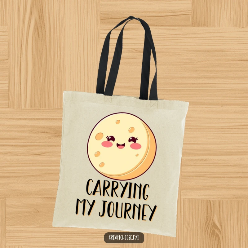 Funny Tote Bag: A round cream cheese wheel with a beaming smile happily spins on its side, perfect for carrying around town.