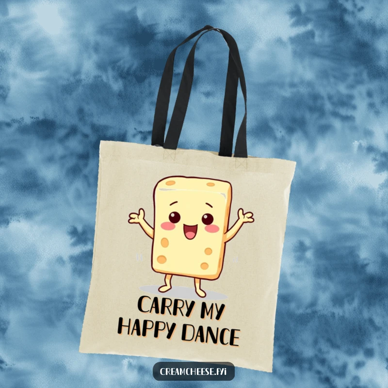 Funny tote bag with a cream cheese character performing a silly dance, perfect for carrying groceries or party essentials.