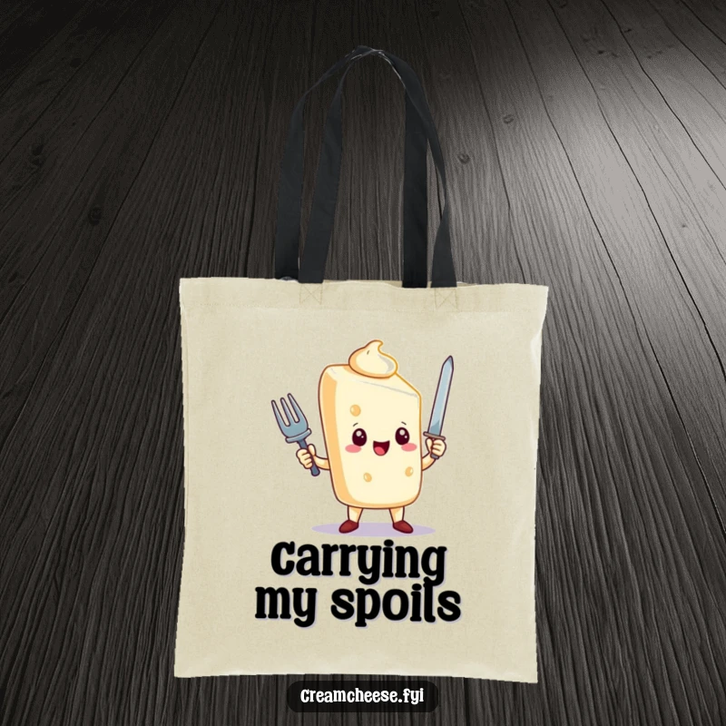 Funny cream cheese character tote bag, triumphantly holding a fork sword, durable and stylish for shopping, great funny gift.
