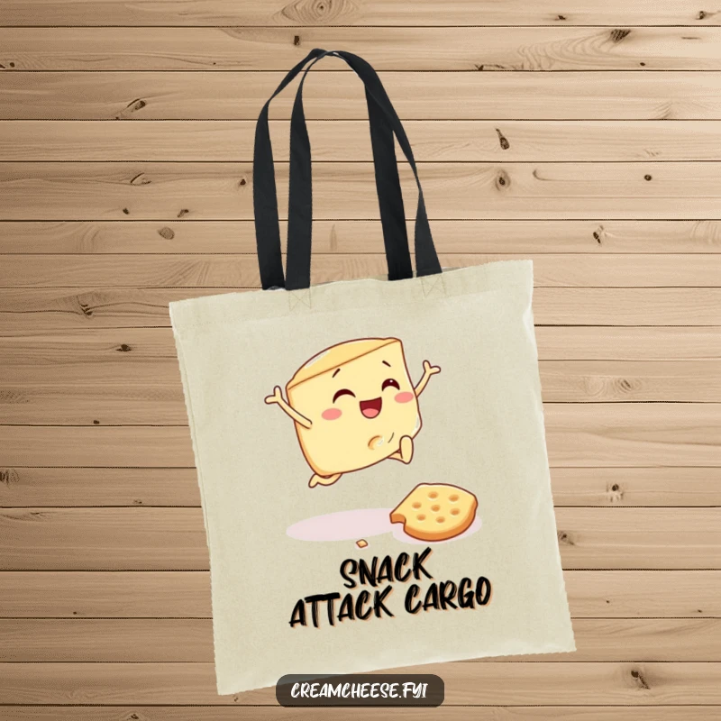 Funny tote bag with a cream cheese wedge gleefully jumping over a fallen cracker, perfect for carrying groceries with a smile.