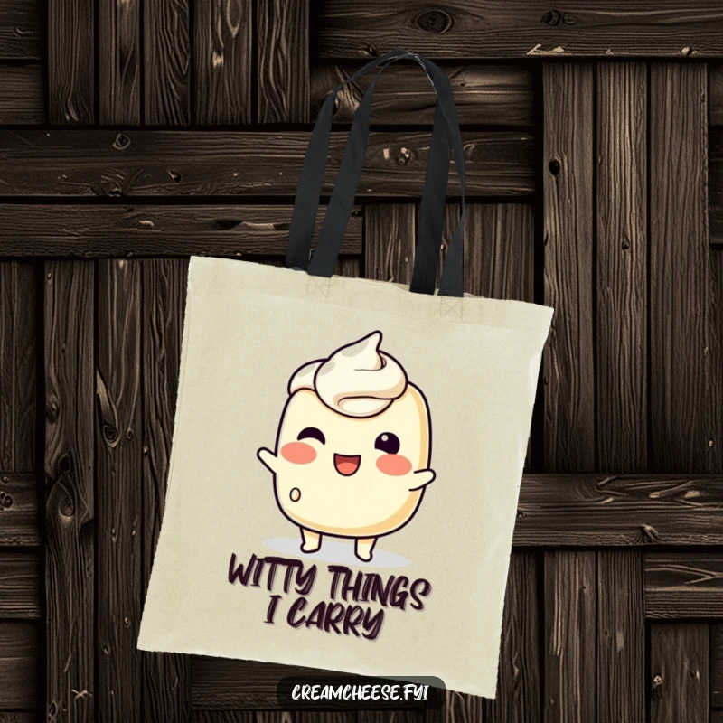 Funny Tote Bag with a playful cream cheese character attempting a wink, great for carrying items with spreadable charm and humor.