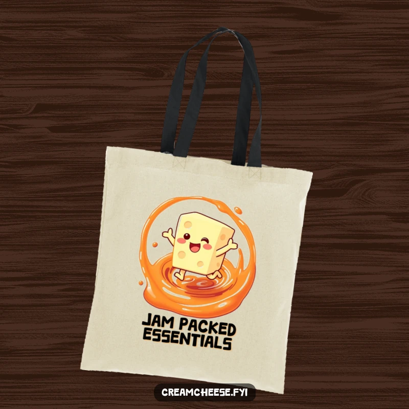 Funny tote bag illustrating a cream cheese block character joyfully leaping through a jam swirl, ideal for carrying groceries with humor.