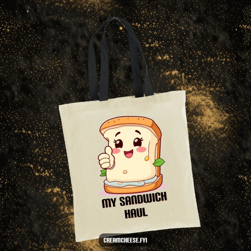 Funny Tote Bag: Happy cream cheese character giving a thumbs-up from its spot on a deconstructed sandwich.