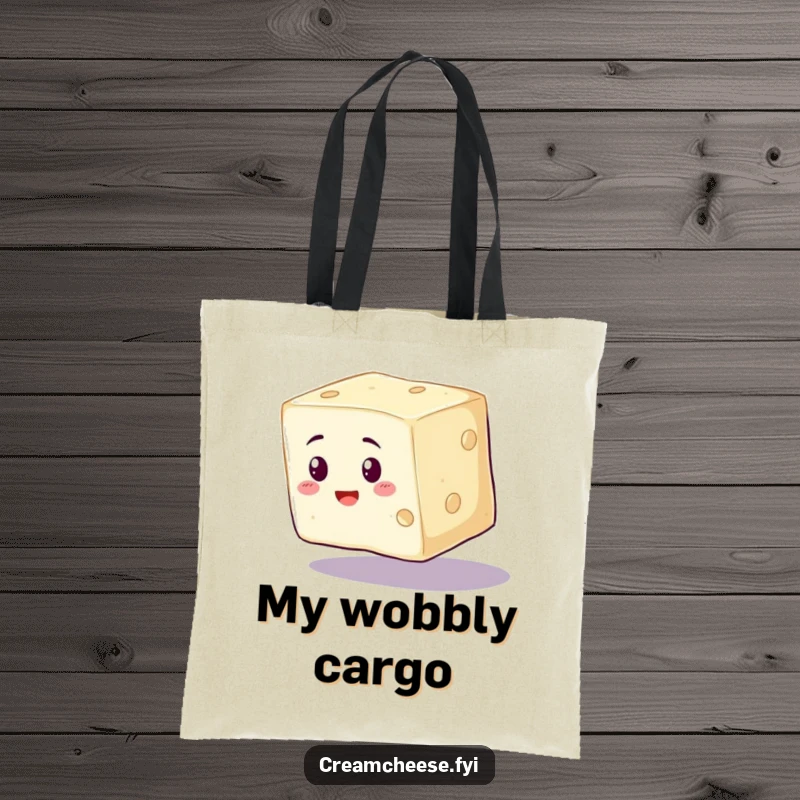 Funny Cream Cheese Tote Bag with a wobbly cream cheese cube wobbling precariously, perfect for carrying items humorously.