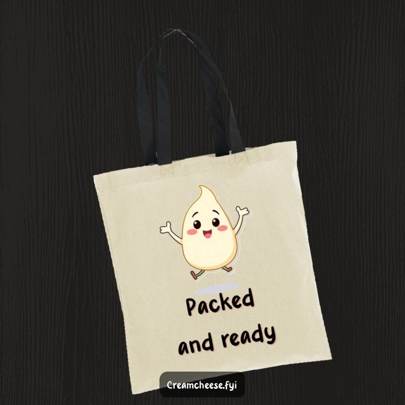 Funny cream cheese dollop tote bag, a happy character mid-jump doing jumping jacks, full of contagious energy.