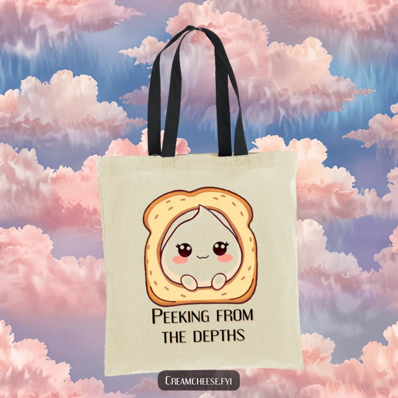 Funny tote bag with a bubbly cream cheese character playfully peeking out from a hole in toasted bread, a delightful surprise.