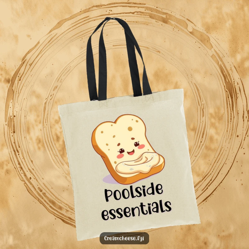 Funny baguette slice dipping into a cream cheese pool, presented on a tote bag. A humorous and delightful food-themed design, excellent as a funny gift.